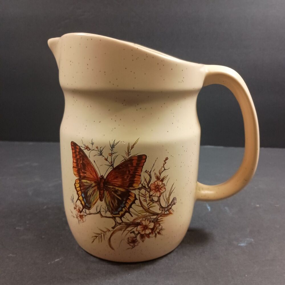 Pottery Pitcher Butterfly & Flowers Design Speckled Cream Color 6.5"T